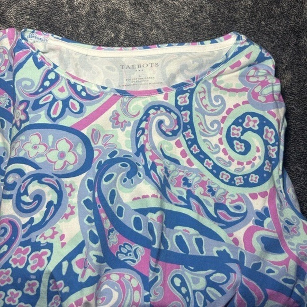 Talbots Womens Blue Pink Paisley Short Sleeve Cotton Blend T-Shirt Size L